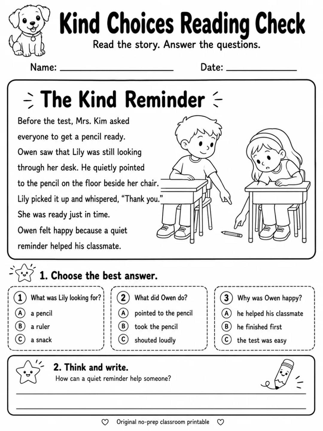 Kind Choices Reading Check: The Kind Reminder printable Grade 2 worksheet preview from KiwiBee
