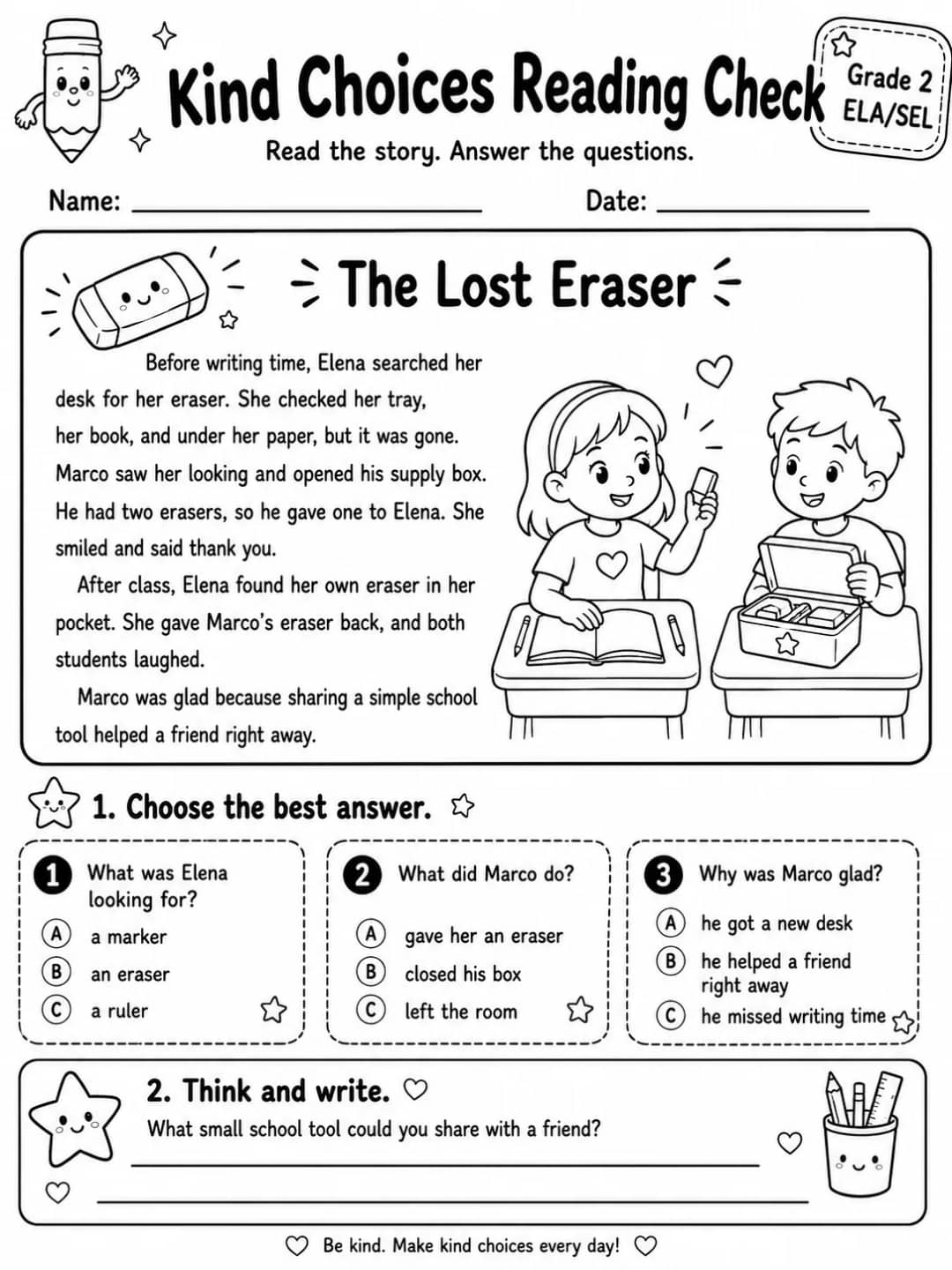 Kind Choices Reading Check: The Lost Eraser printable Grade 2 worksheet preview from KiwiBee