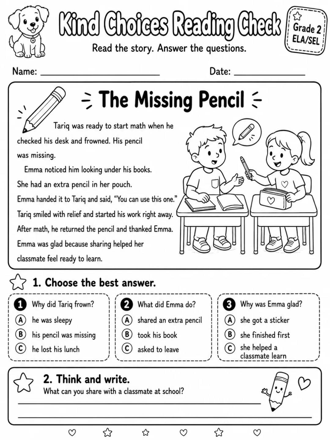 Kind Choices Reading Check: The Missing Pencil printable Grade 2 worksheet preview from KiwiBee