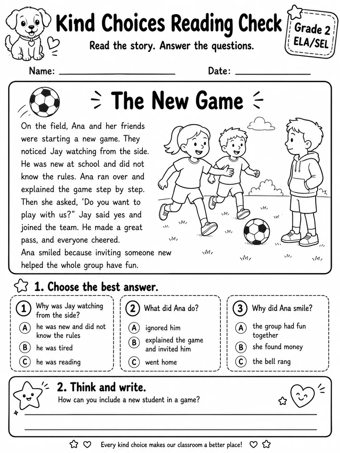 Kind Choices Reading Check: The New Game printable Grade 2 worksheet preview from KiwiBee
