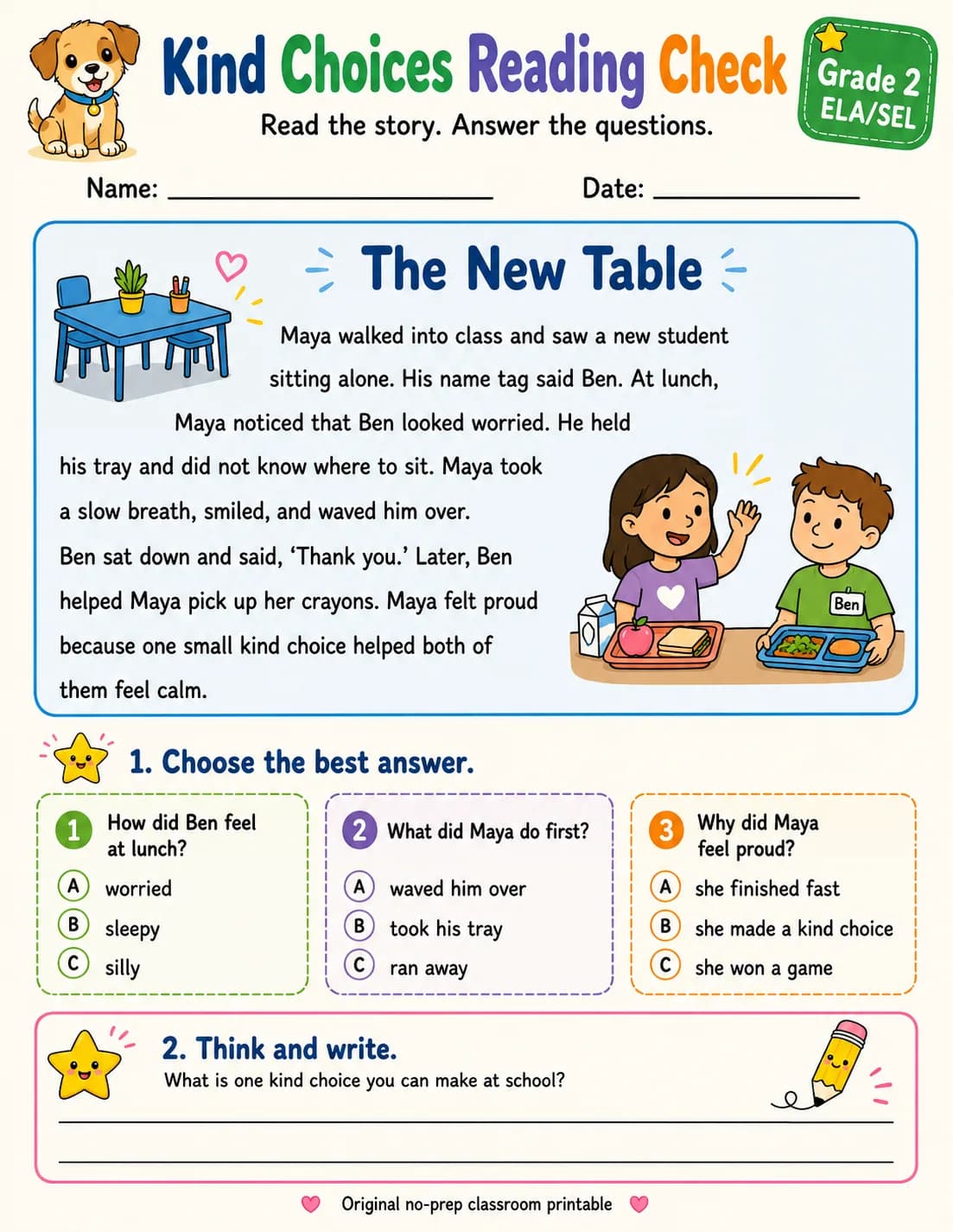 Kind Choices Reading Check: The New Table printable Grade 2 worksheet preview from KiwiBee