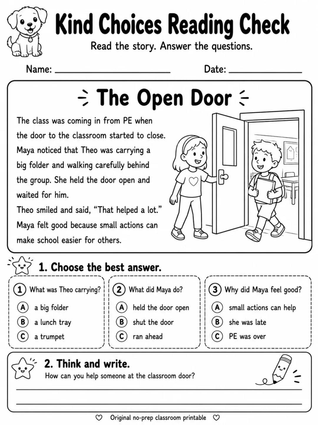 Kind Choices Reading Check: The Open Door printable Grade 2 worksheet preview from KiwiBee