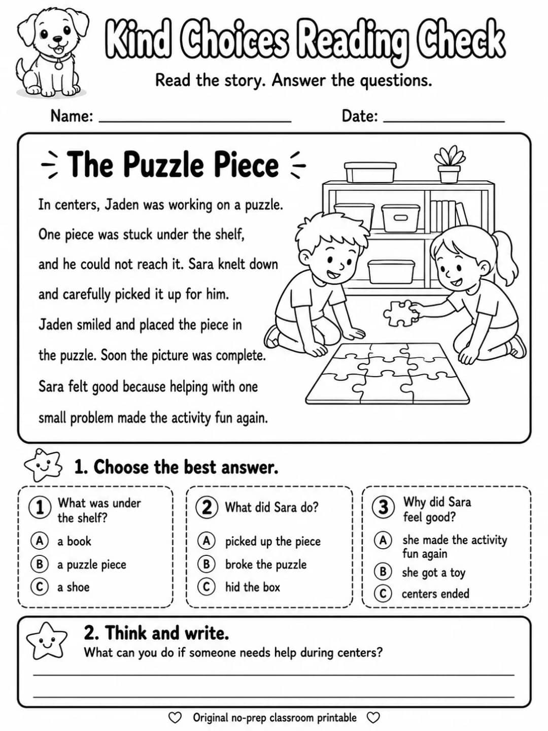 Kind Choices Reading Check: The Puzzle Piece printable Grade 2 worksheet preview from KiwiBee