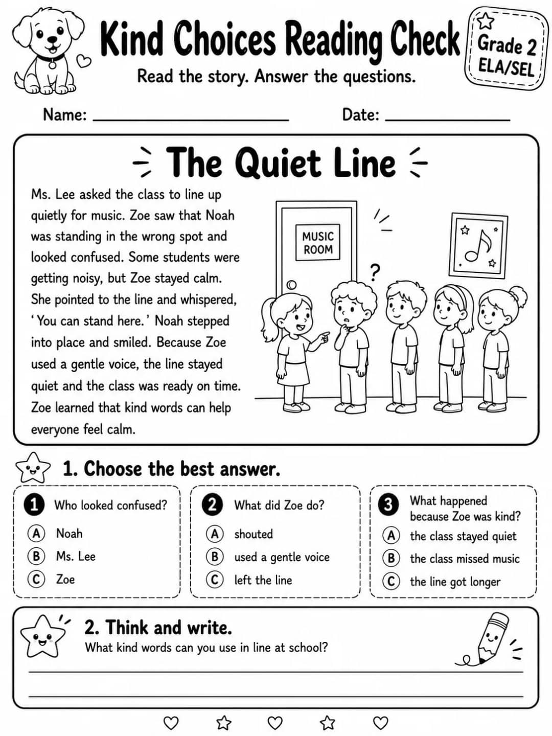 Kind Choices Reading Check: The Quiet Line printable Grade 2 worksheet preview from KiwiBee