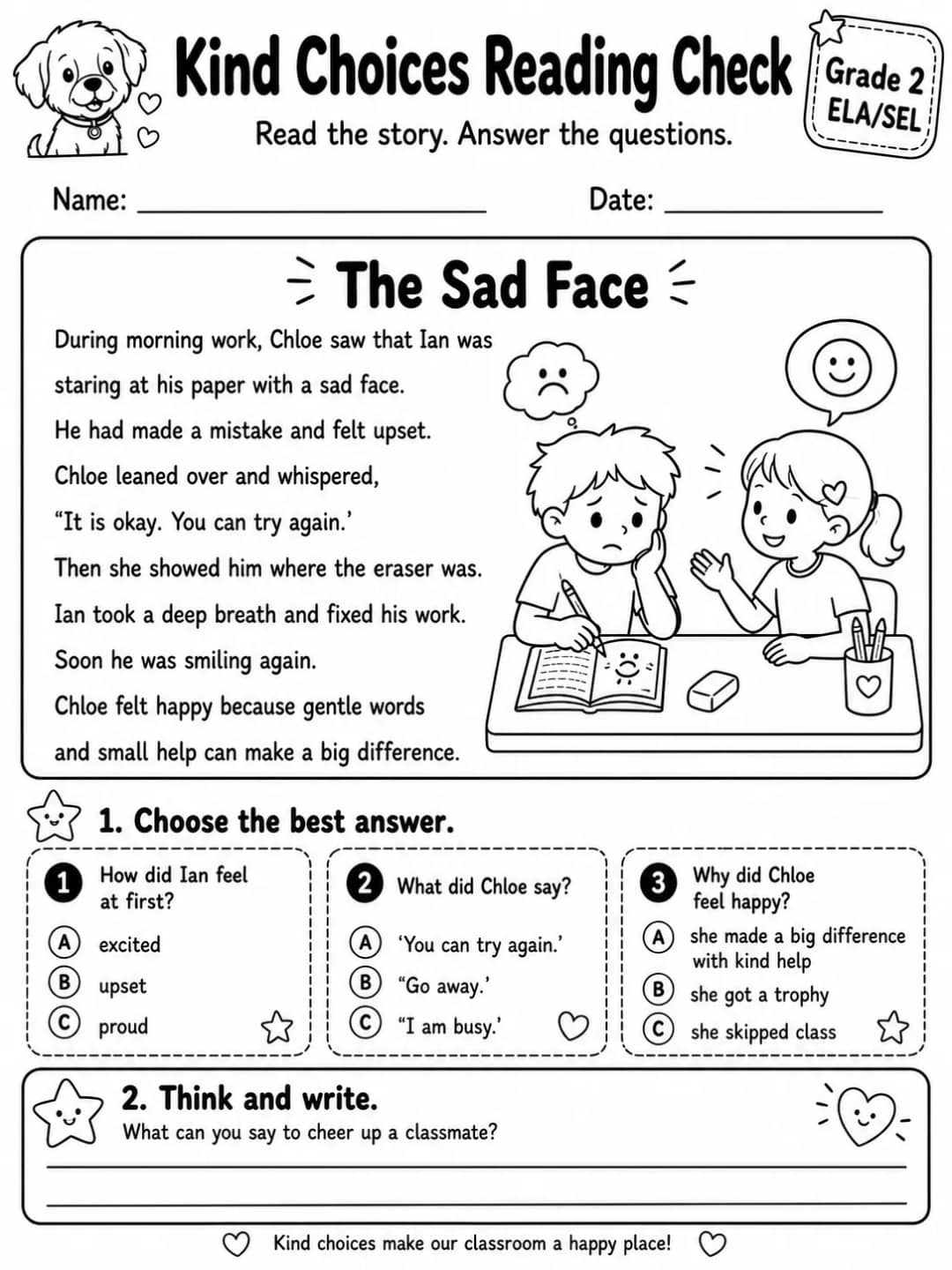 Kind Choices Reading Check: The Sad Face printable Grade 2 worksheet preview from KiwiBee