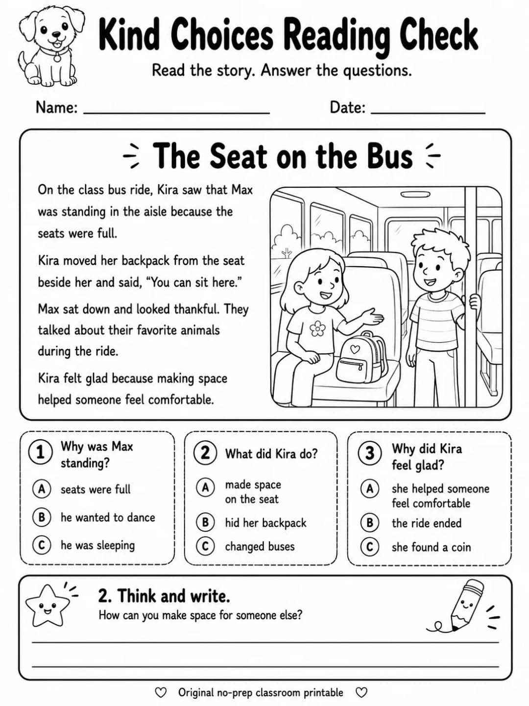 Kind Choices Reading Check: The Seat on the Bus printable Grade 2 worksheet preview from KiwiBee