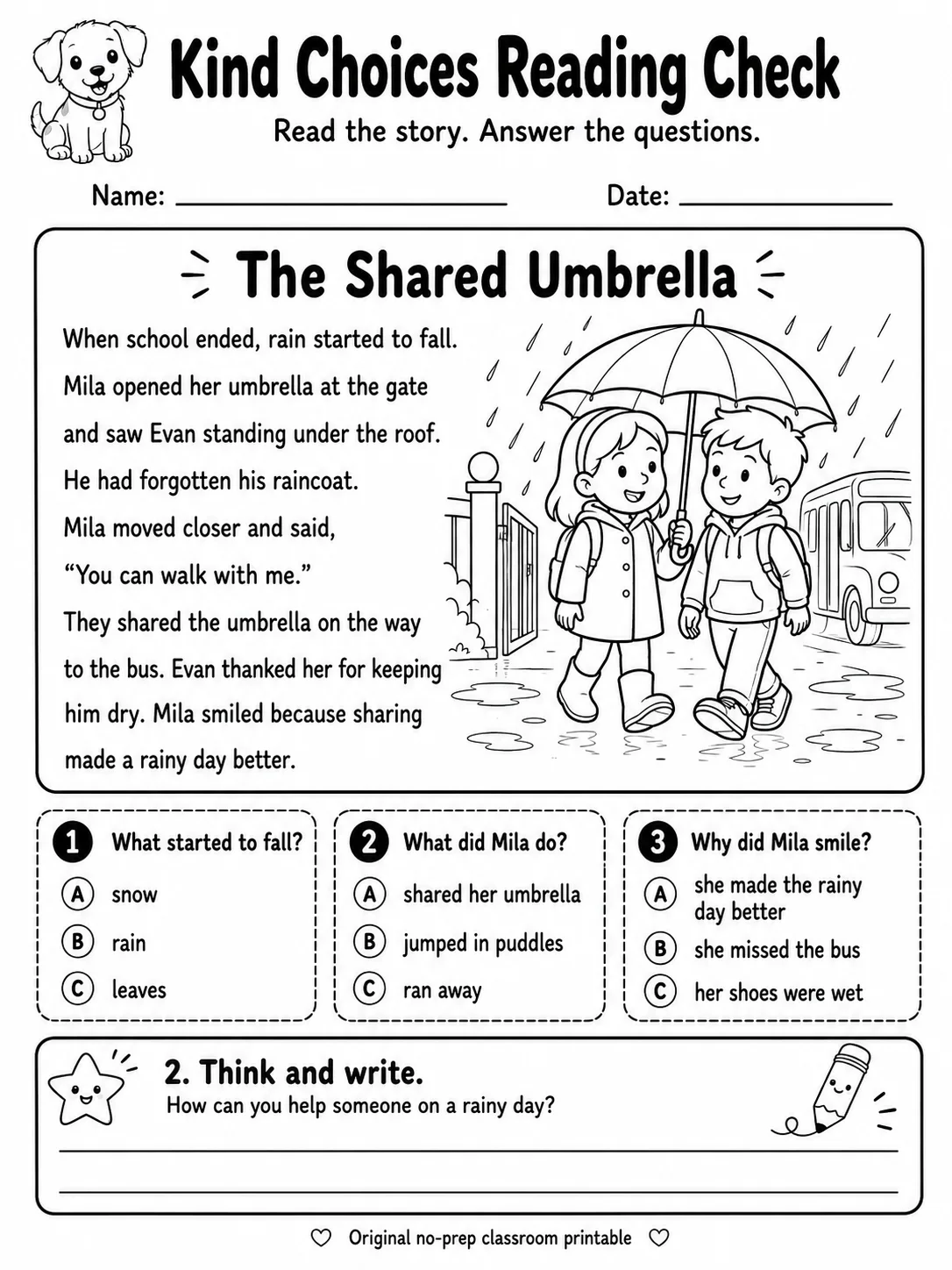 Kind Choices Reading Check: The Shared Umbrella printable Grade 2 worksheet preview from KiwiBee