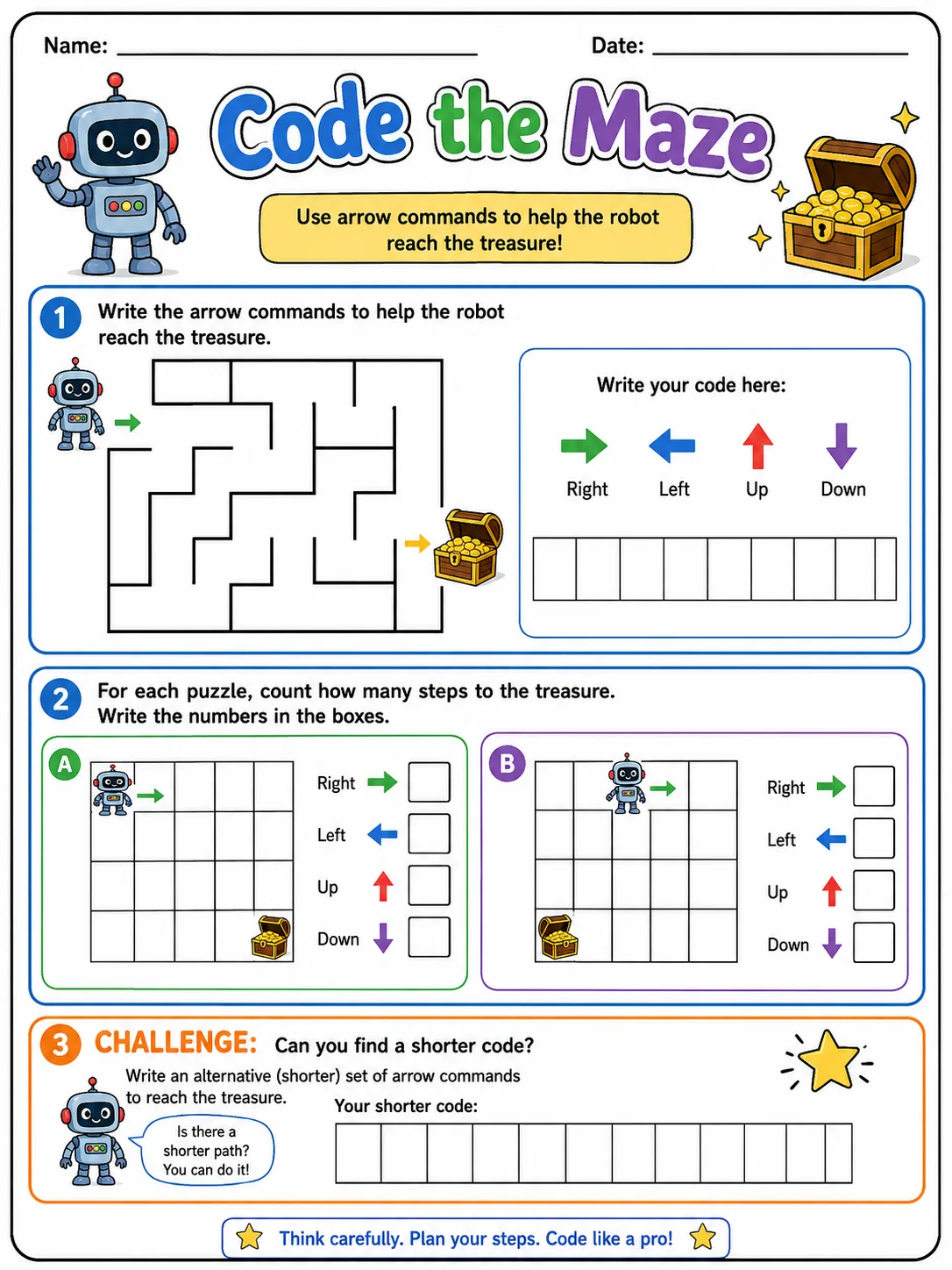 Code the Maze printable Grade 2 worksheet preview from KiwiBee
