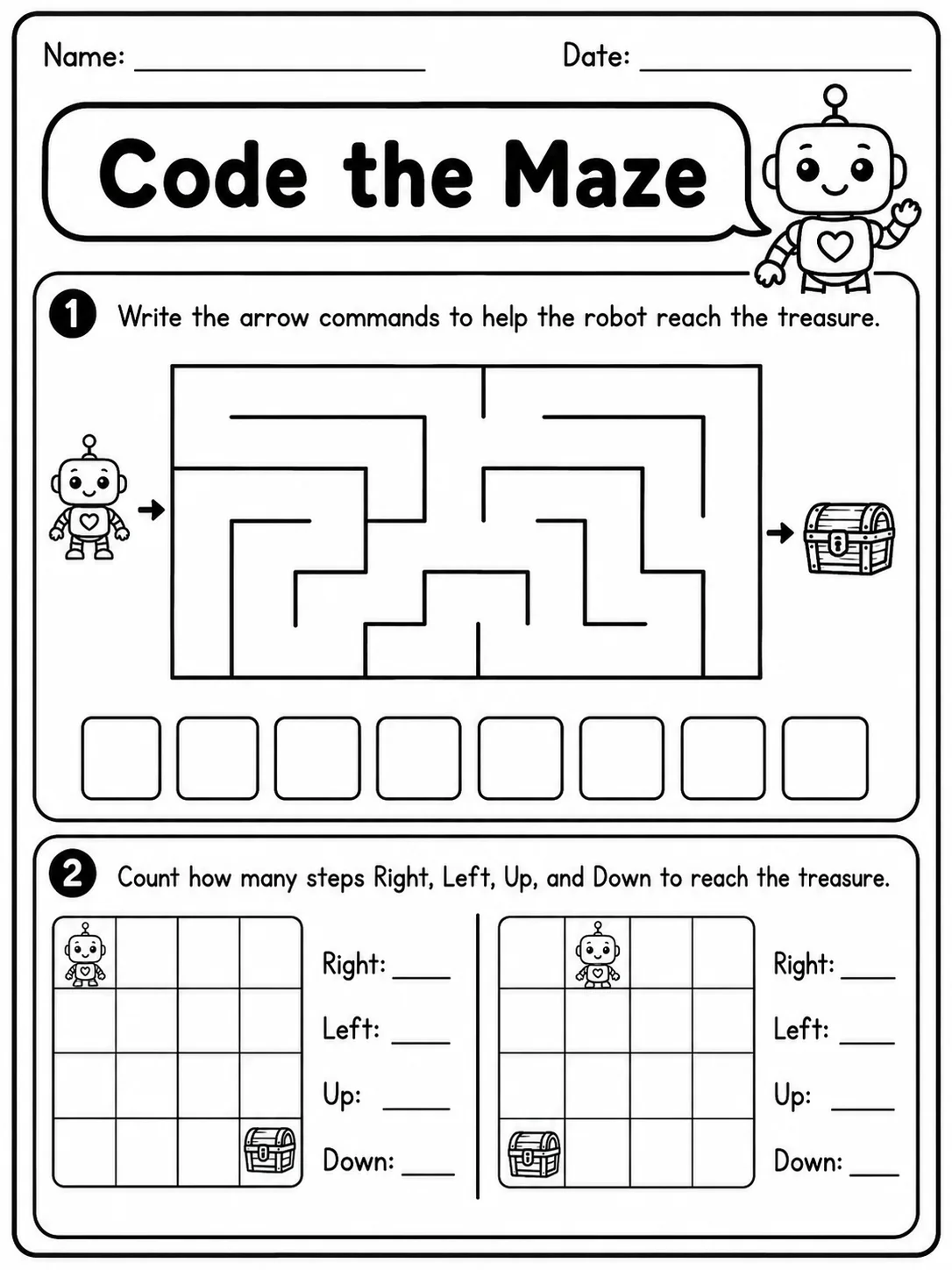 Code the Maze - Set 3 printable Grade 2 worksheet preview from KiwiBee