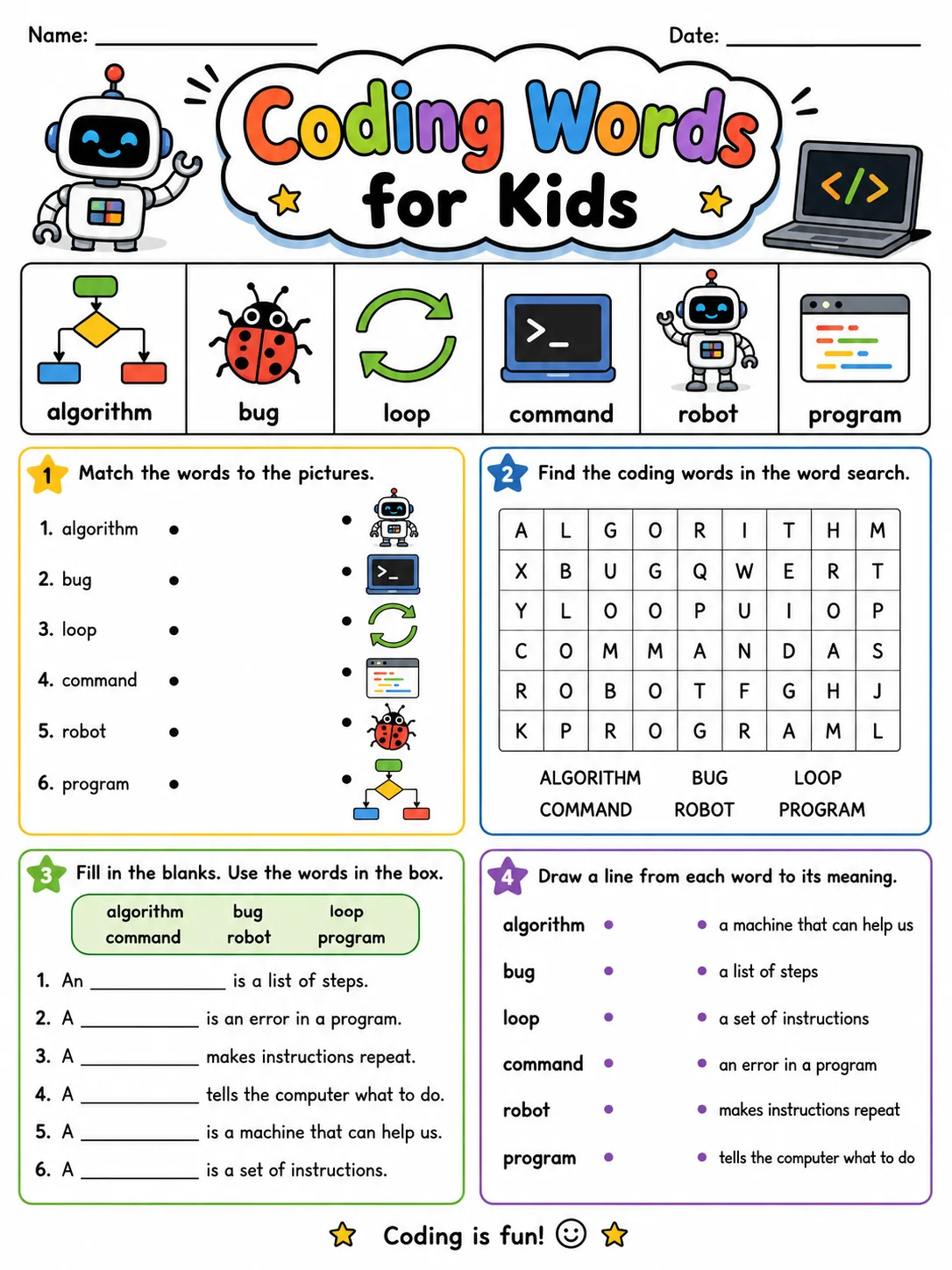 Coding Words for Kids printable Grade 2 worksheet preview from KiwiBee