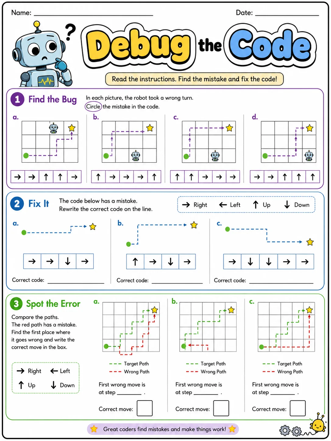 Debug the Code printable Grade 2 worksheet preview from KiwiBee
