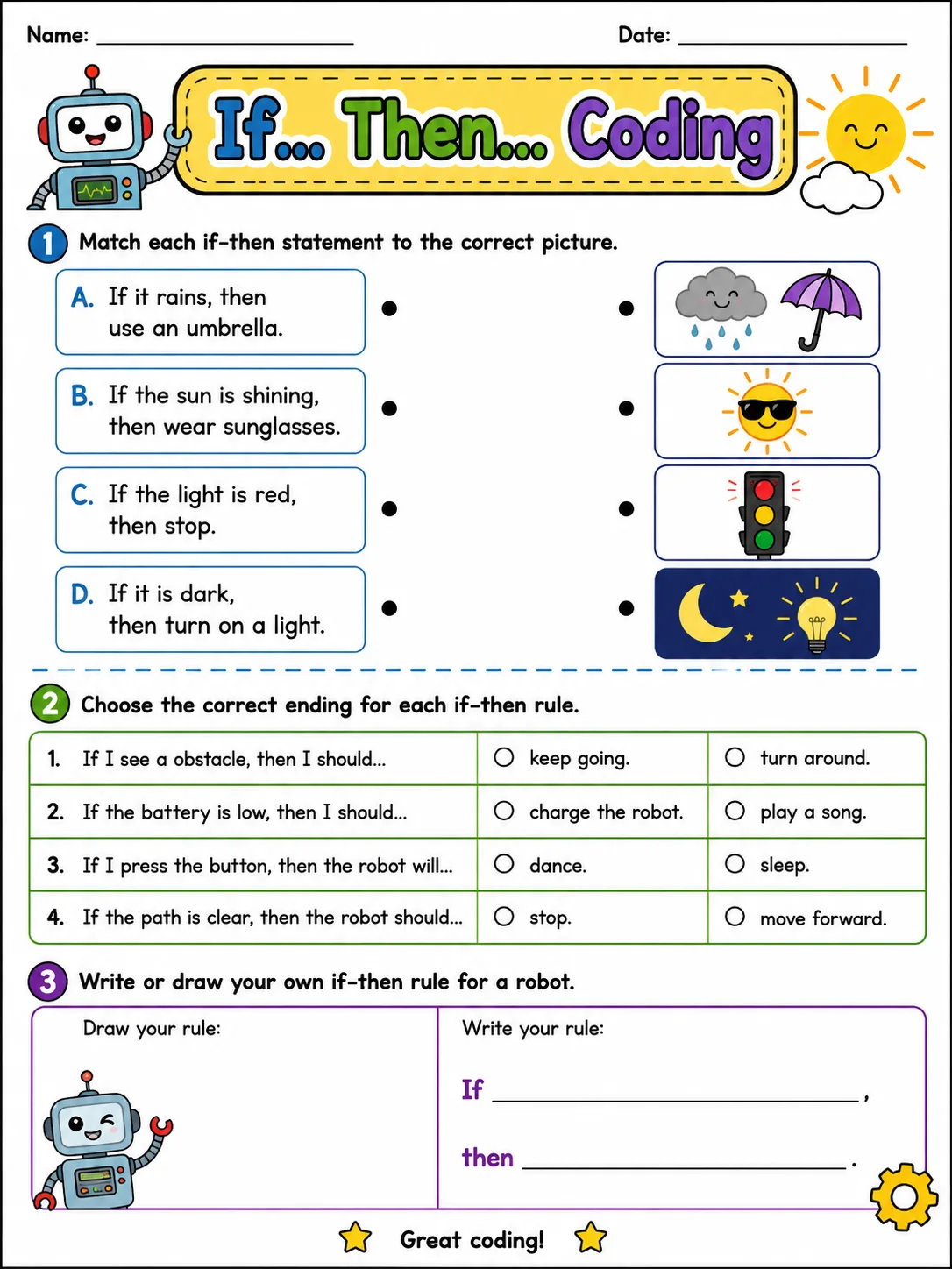 If... Then... Coding printable Grade 2 worksheet preview from KiwiBee
