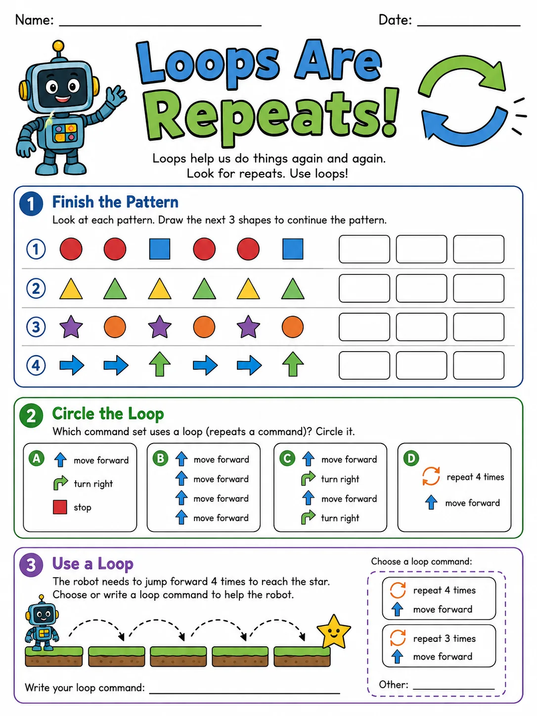 Loops Are Repeats! printable Kindergarten worksheet preview from KiwiBee