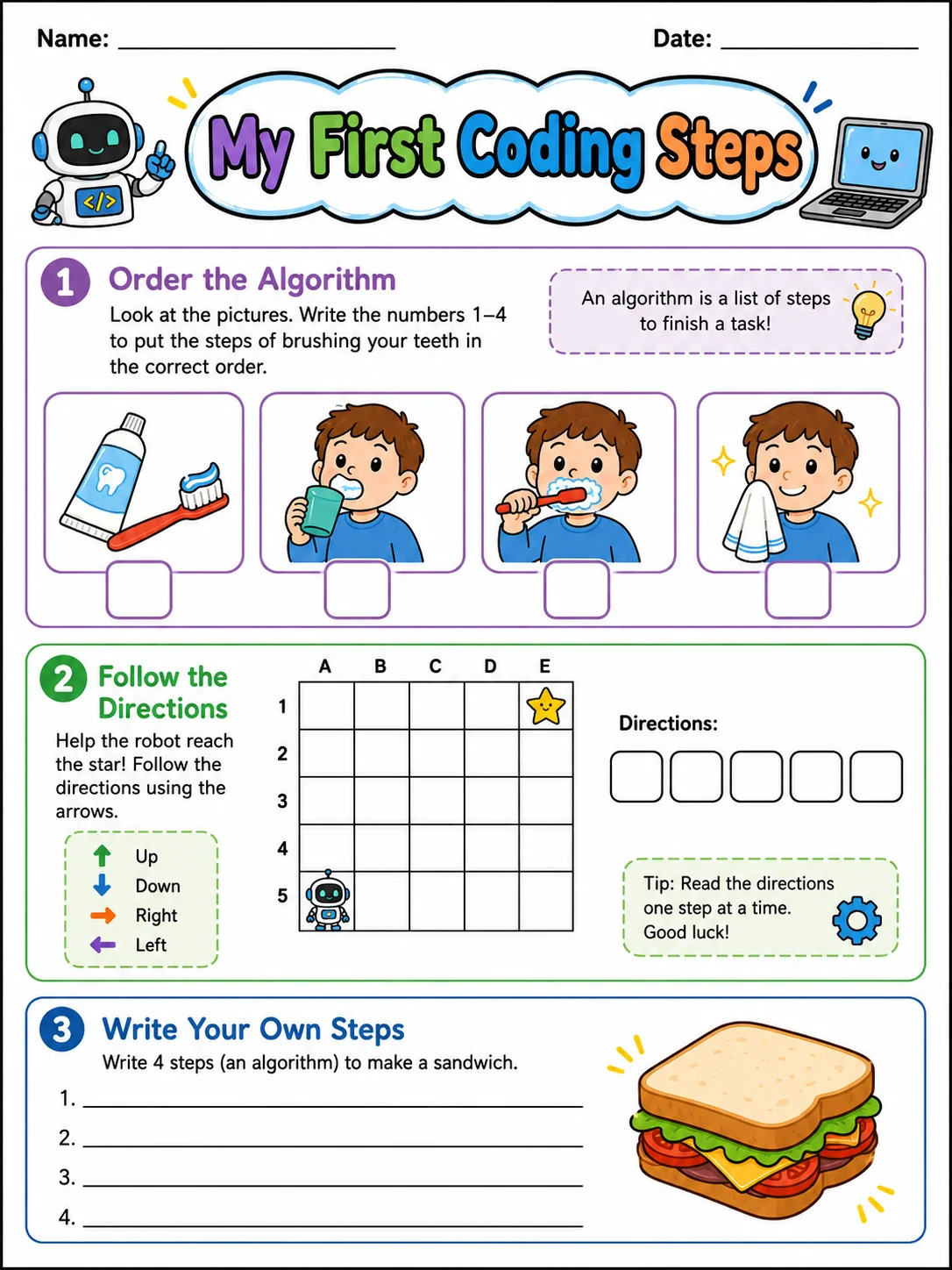 My First Coding Steps printable Grade 2 worksheet preview from KiwiBee