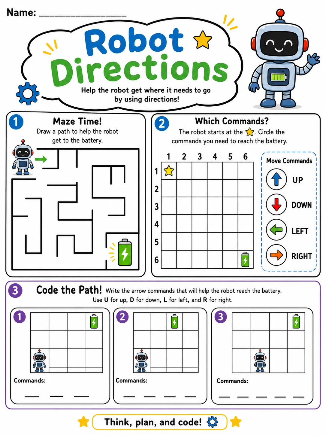 Robot Directions printable Grade 2 worksheet preview from KiwiBee