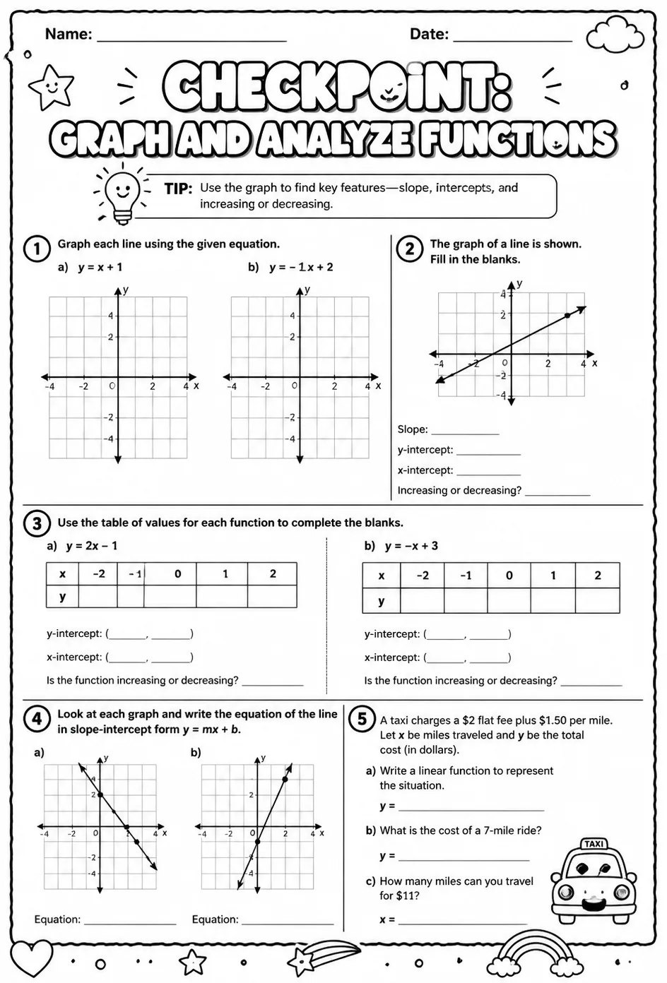 Checkpoint: Graph and analyze functions — free printable Algebra 1 math worksheet
