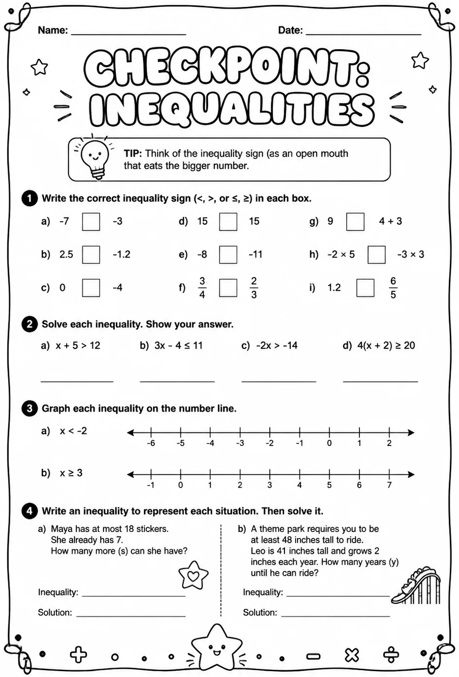 Checkpoint: Inequalities — free printable Grade 6 math worksheet
