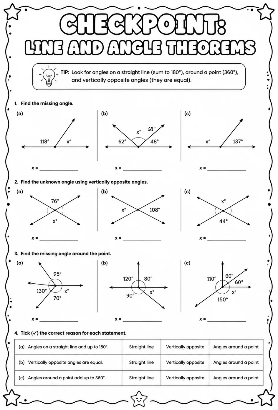 Checkpoint: Line and angle theorems — free printable Geometry math worksheet