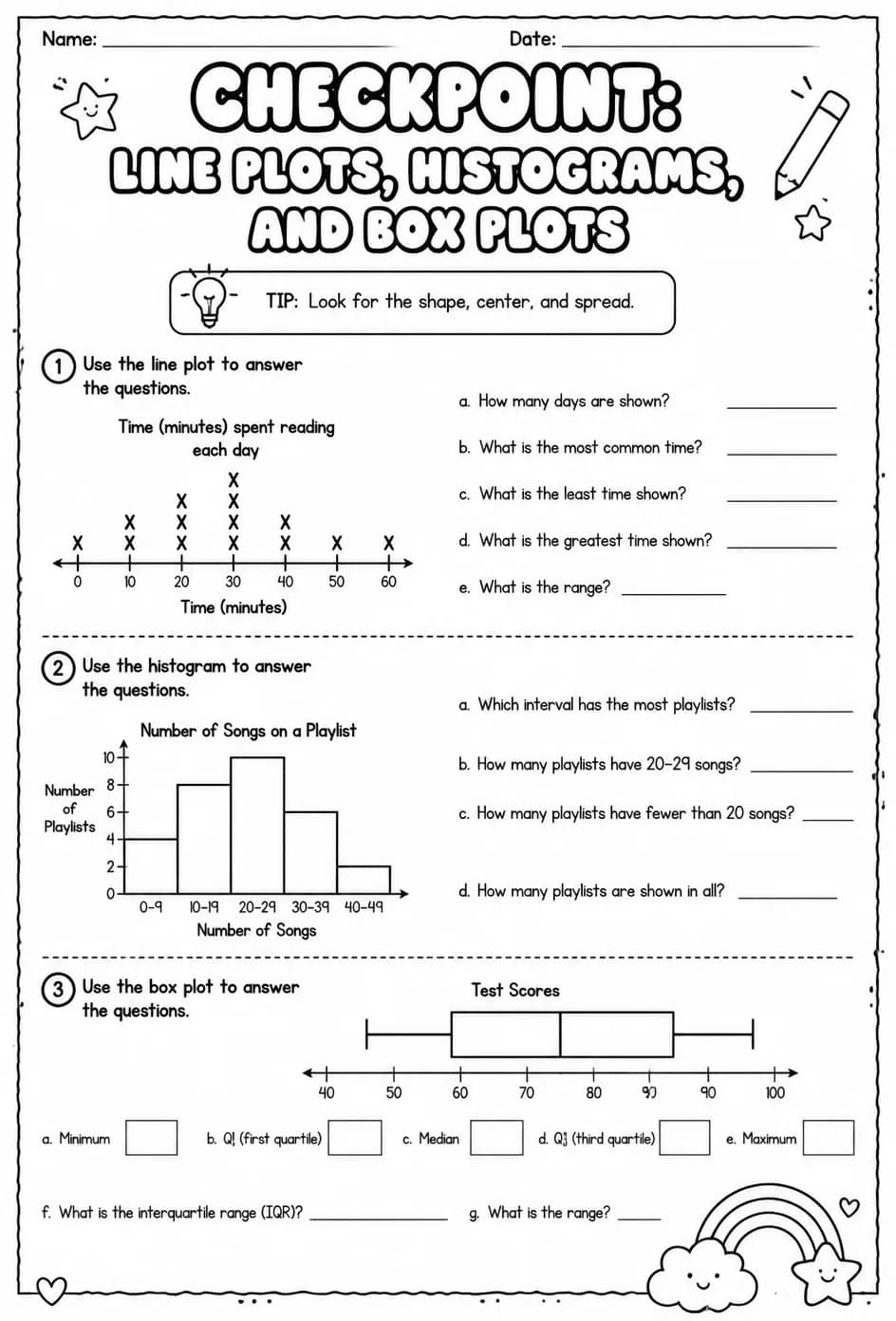 Checkpoint: Line plots, histograms, and box plots — free printable Algebra 1 math worksheet