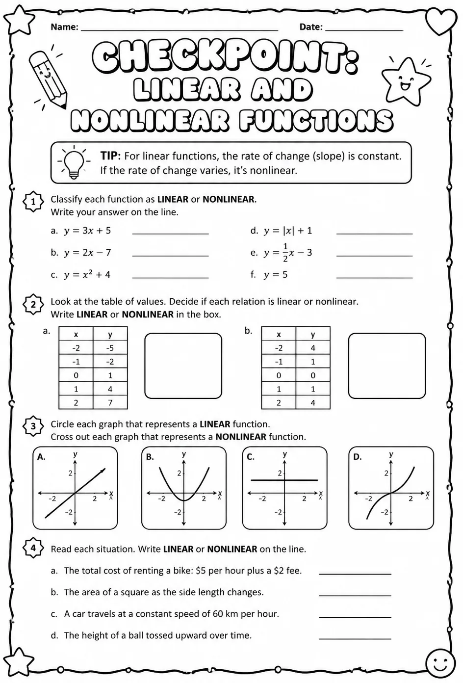 Checkpoint: Linear and nonlinear functions — free printable Grade 8 math worksheet
