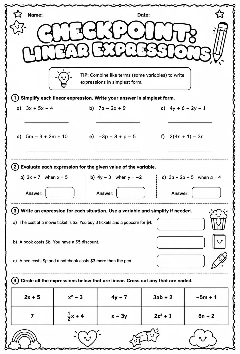 Checkpoint: Linear expressions — free printable Grade 7 math worksheet