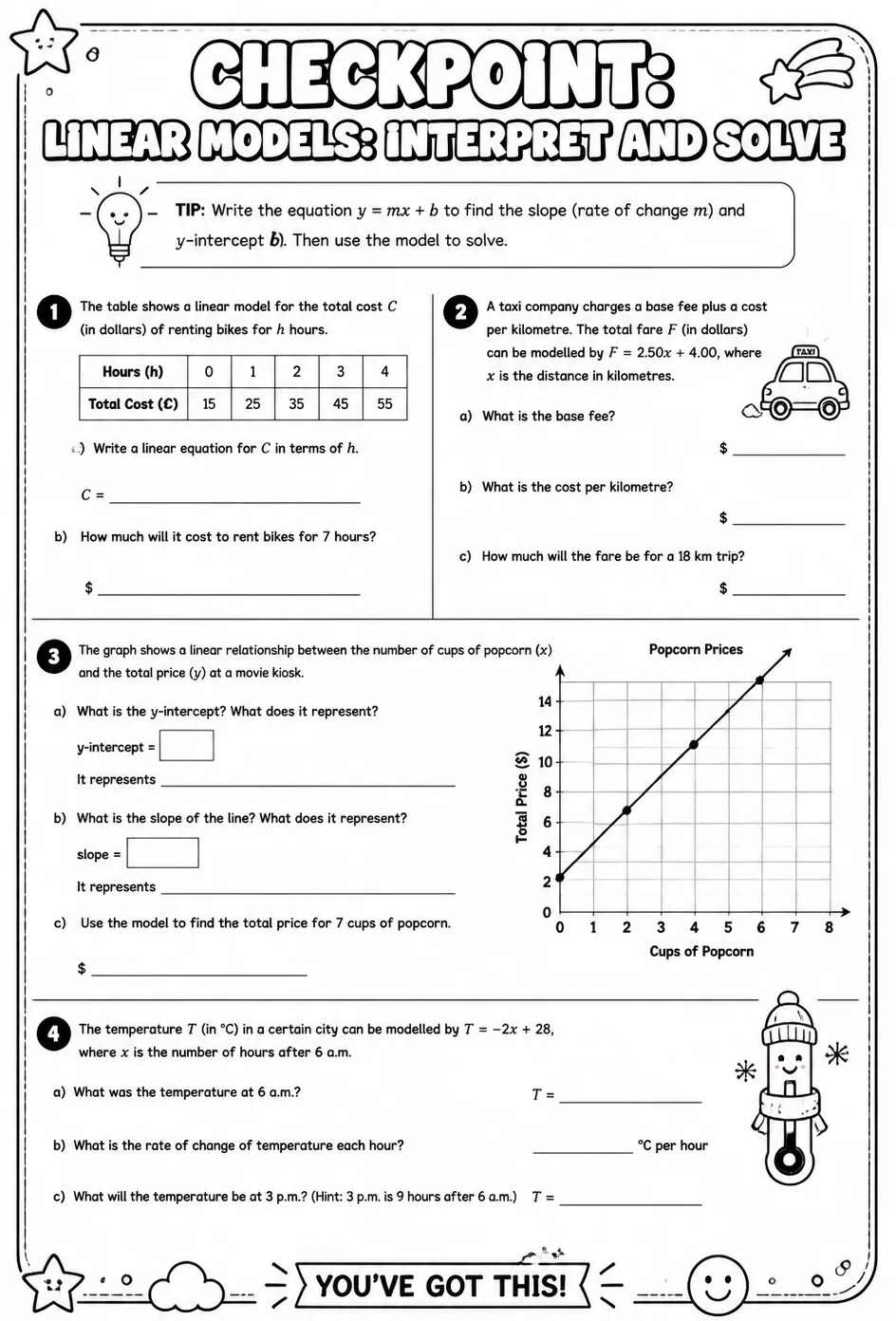 Checkpoint: Linear models: interpret and solve — free printable Grade 8 math worksheet