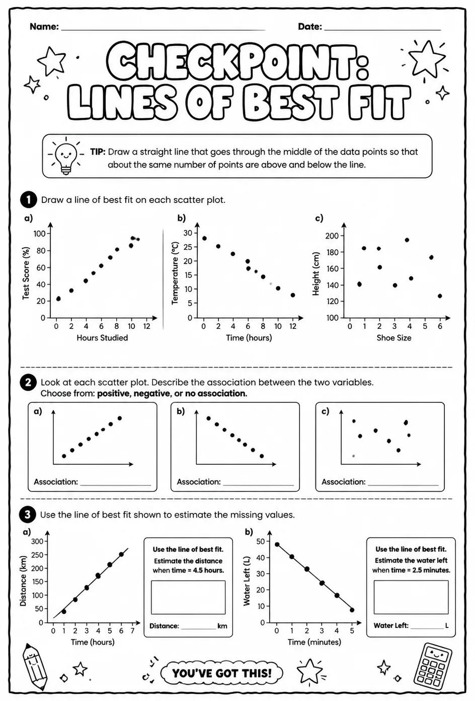 Checkpoint: Lines of best fit — free printable Grade 8 math worksheet