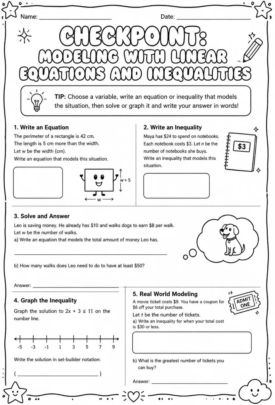 Checkpoint: Modeling with linear equations and inequalities — free printable Algebra 1 math worksheet