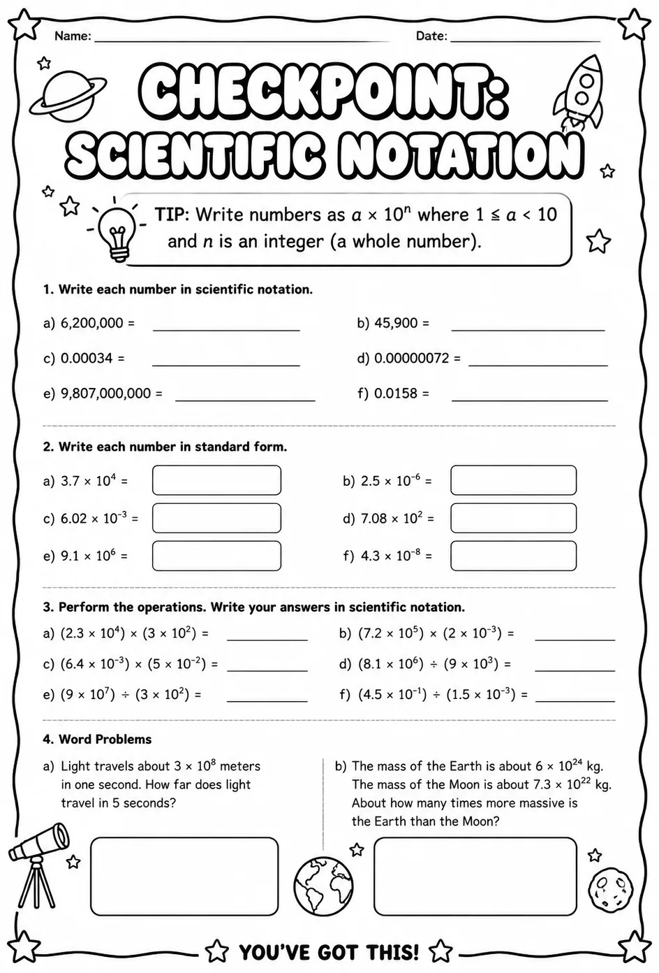 Checkpoint: Scientific notation — free printable Grade 8 math worksheet