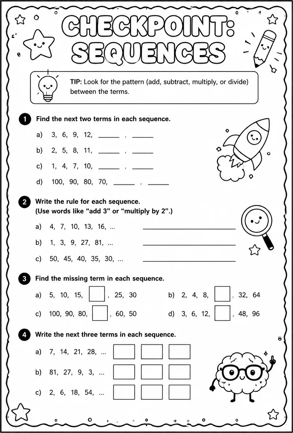 Checkpoint: Sequences — free printable Algebra 1 math worksheet