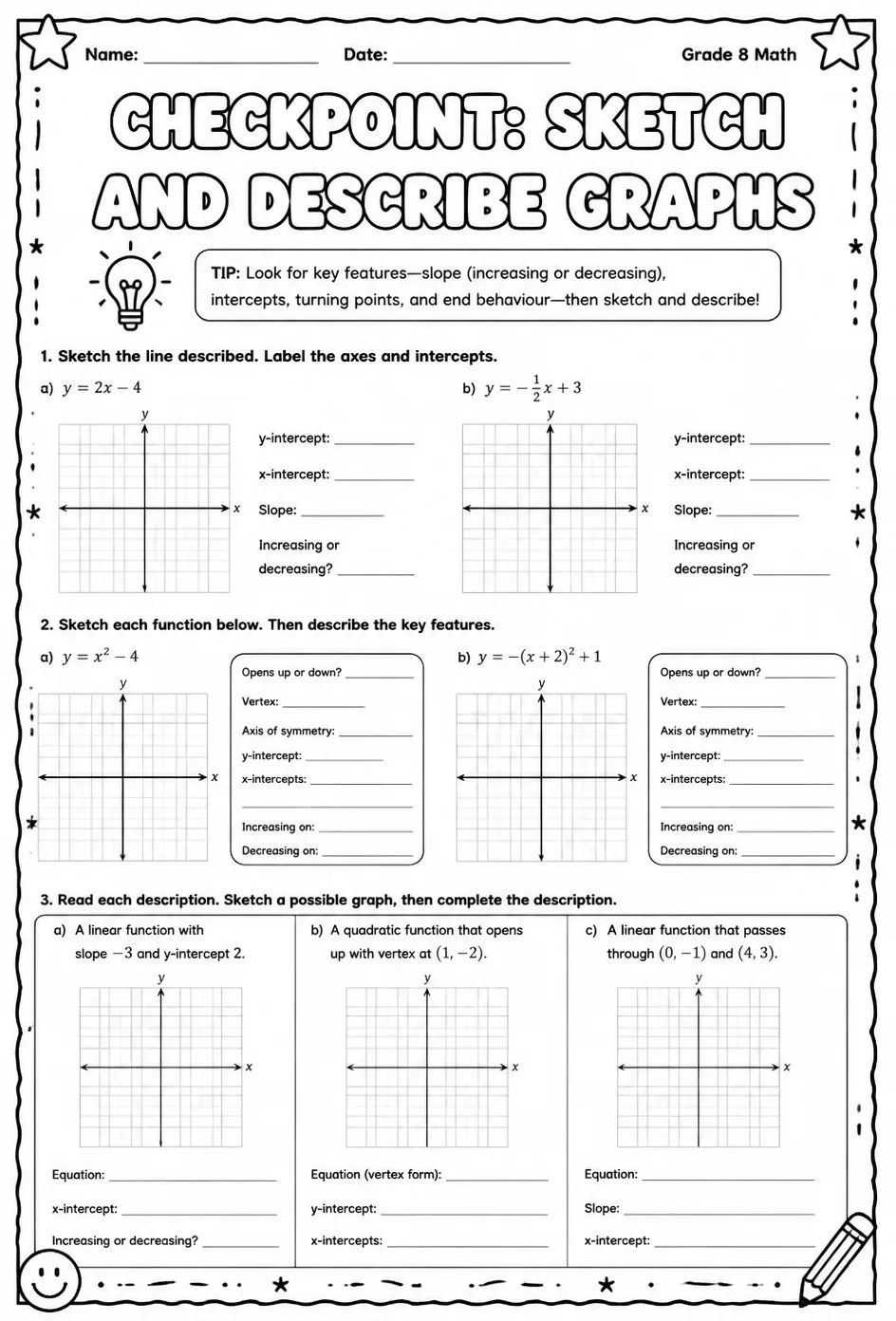 Checkpoint: Sketch and describe graphs — free printable Grade 8 math worksheet