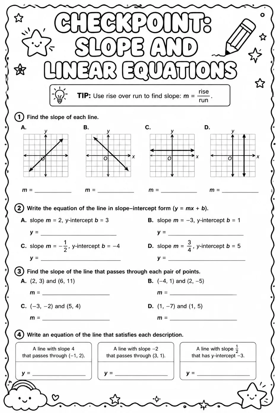 Checkpoint: Slope and linear equations — free printable Grade 8 math worksheet