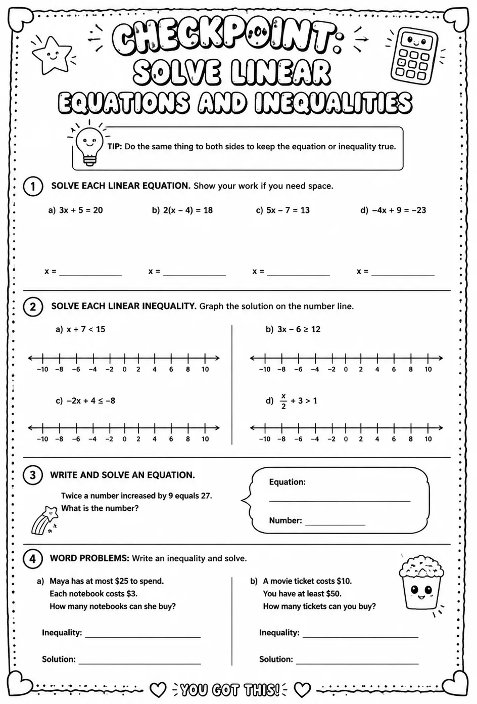 Checkpoint: Solve linear equations and inequalities — free printable Algebra 1 math worksheet