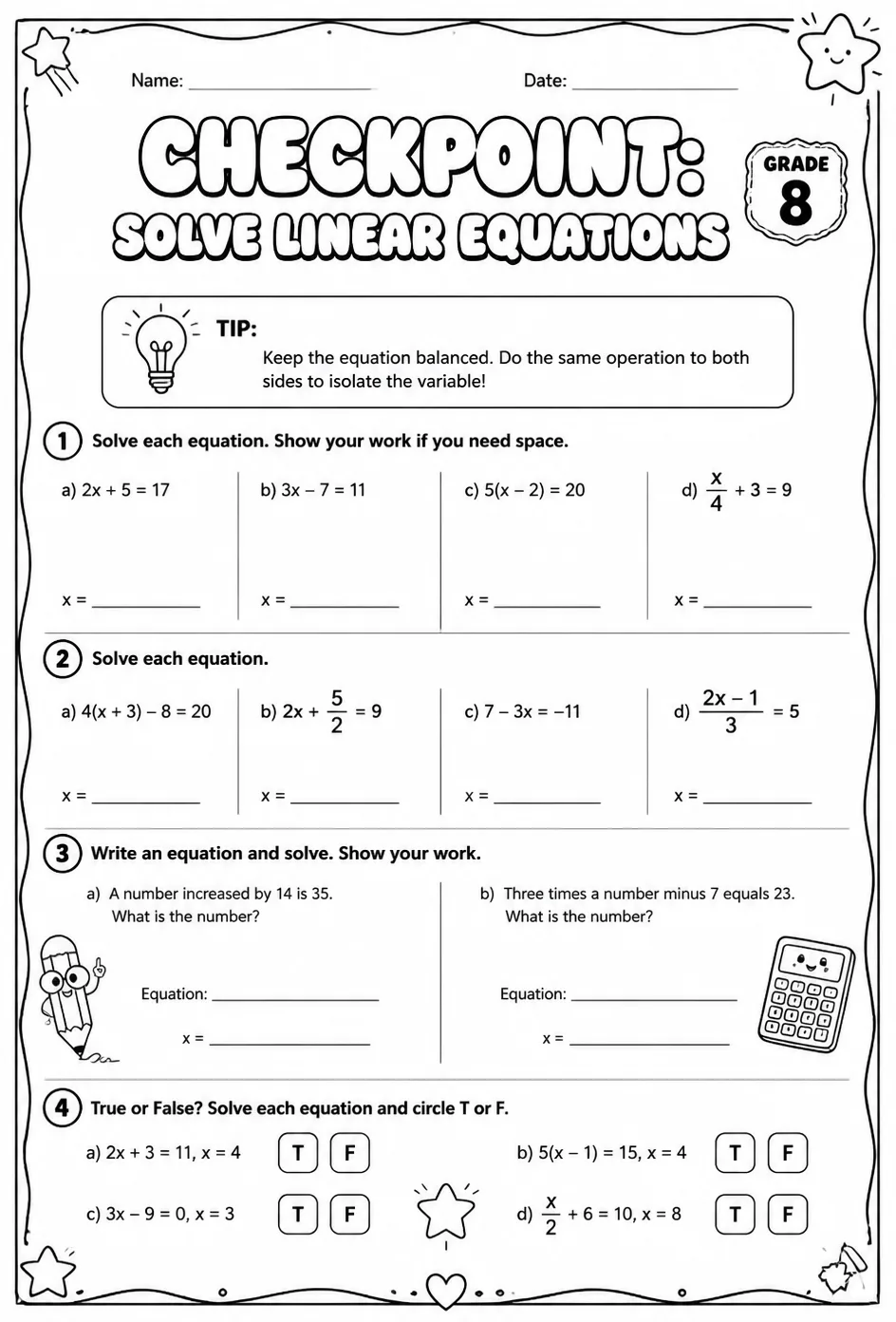 Checkpoint: Solve linear equations — free printable Grade 8 math worksheet