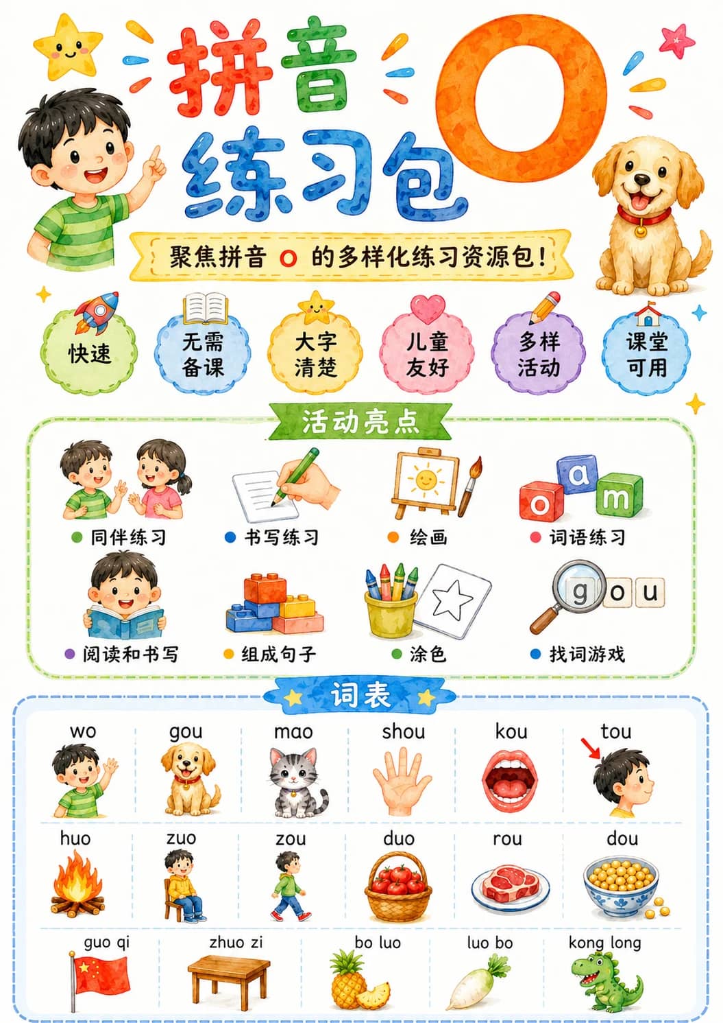 Chinese Pinyin Letter o Phonics Worksheets Pack printable worksheet pack preview from KiwiBee