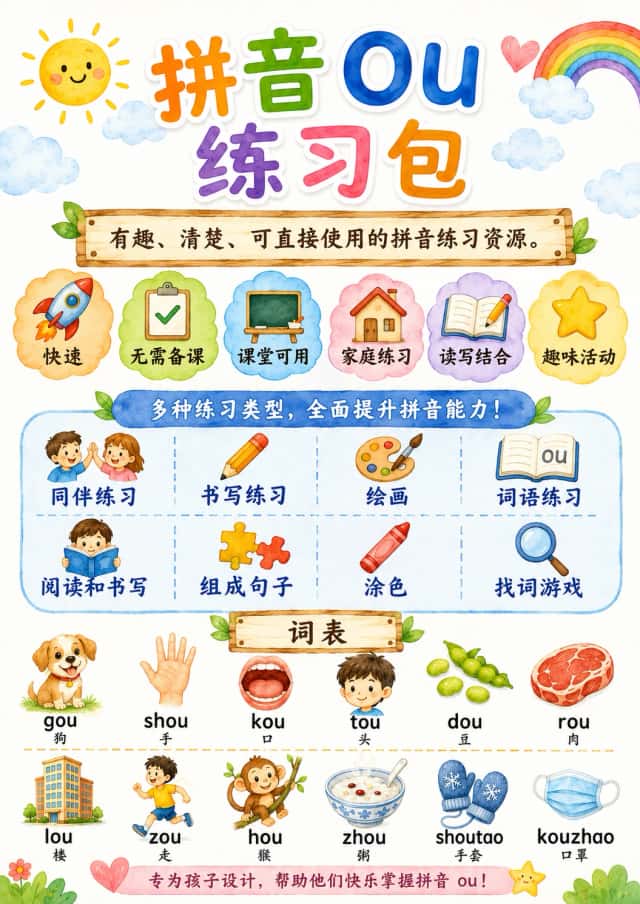 Chinese Pinyin Letter ou Phonics Worksheets Pack