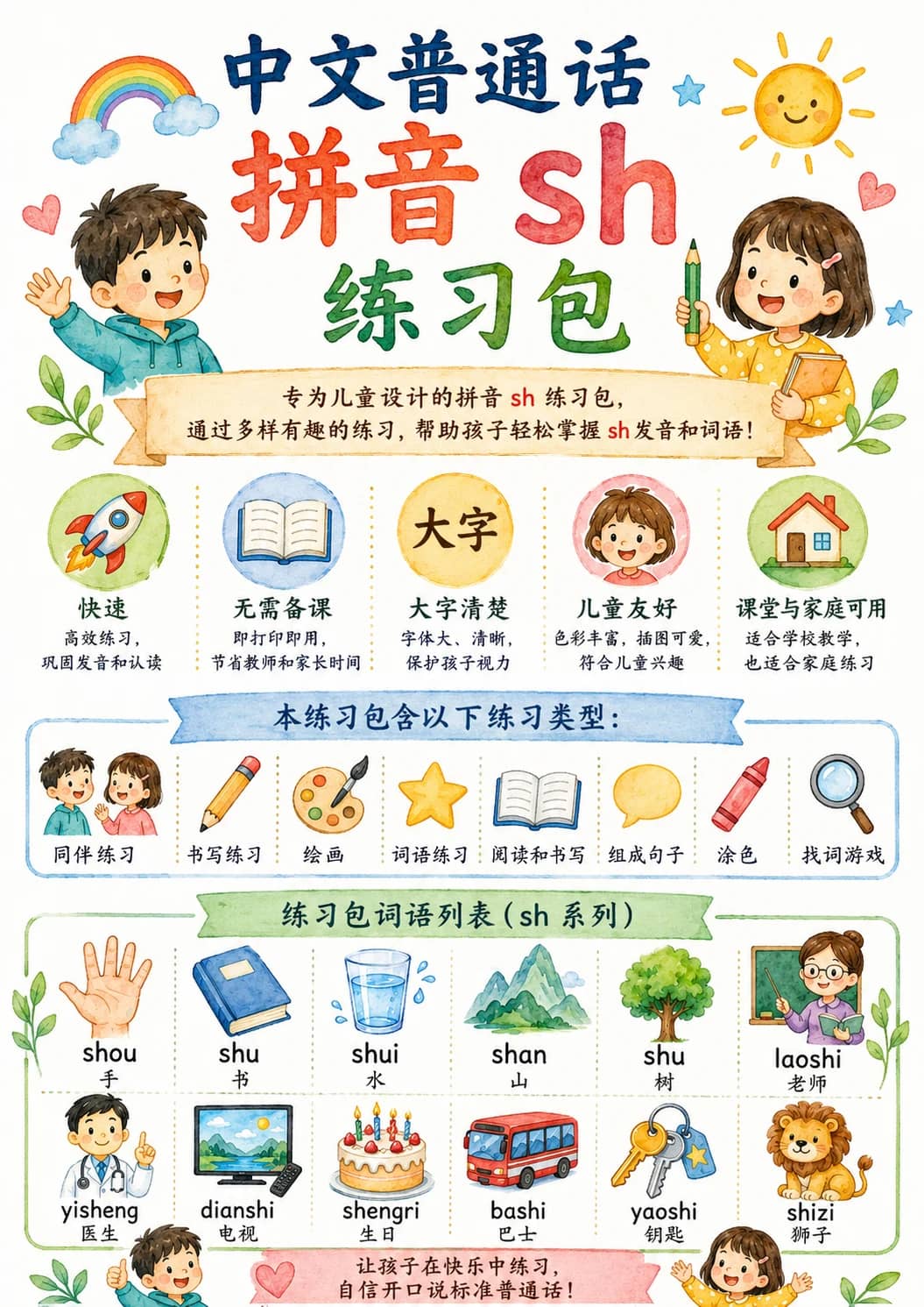 Chinese Pinyin Letter sh Phonics Worksheets Pack printable worksheet pack preview from KiwiBee