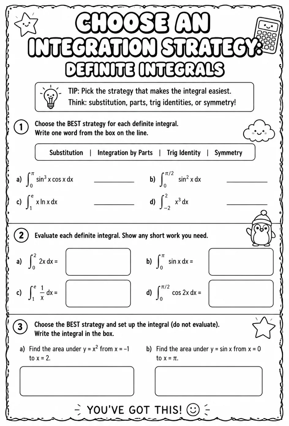Choose an integration strategy: definite integrals — free printable Calculus math worksheet