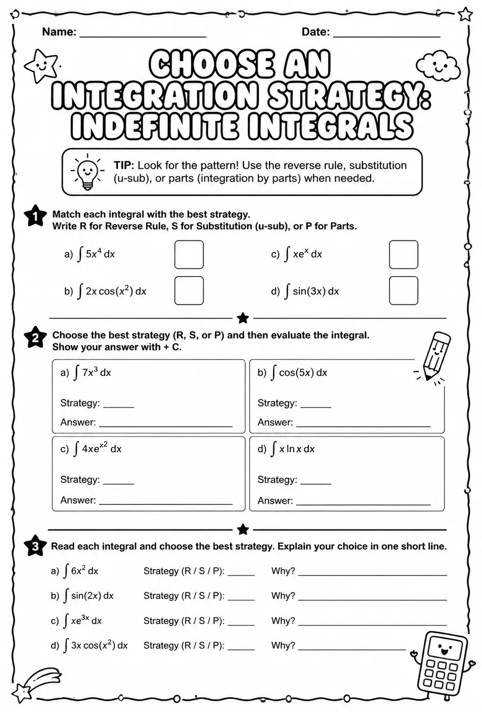 Choose an integration strategy: indefinite integrals — free printable Calculus math worksheet