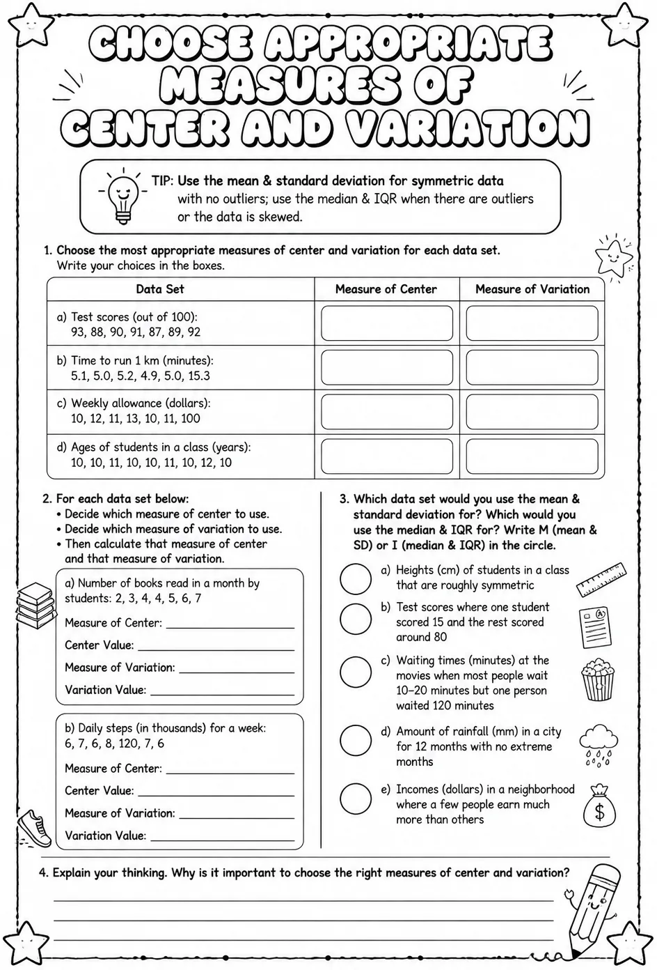 Choose appropriate measures of center and variation — free printable Grade 6 math worksheet