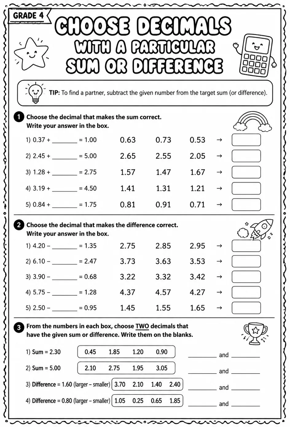 Choose decimals with a particular sum or difference — free printable Grade 4 math worksheet