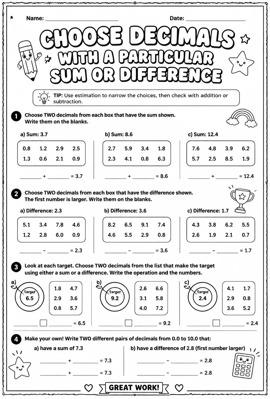 Choose decimals with a particular sum or difference — free printable Grade 5 math worksheet