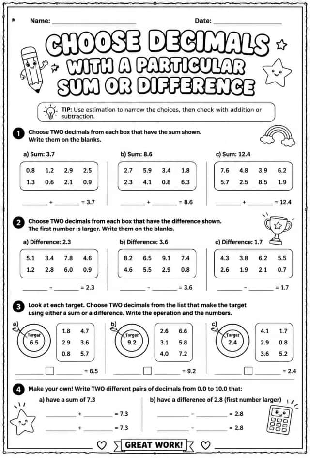 Choose decimals with a particular sum or difference