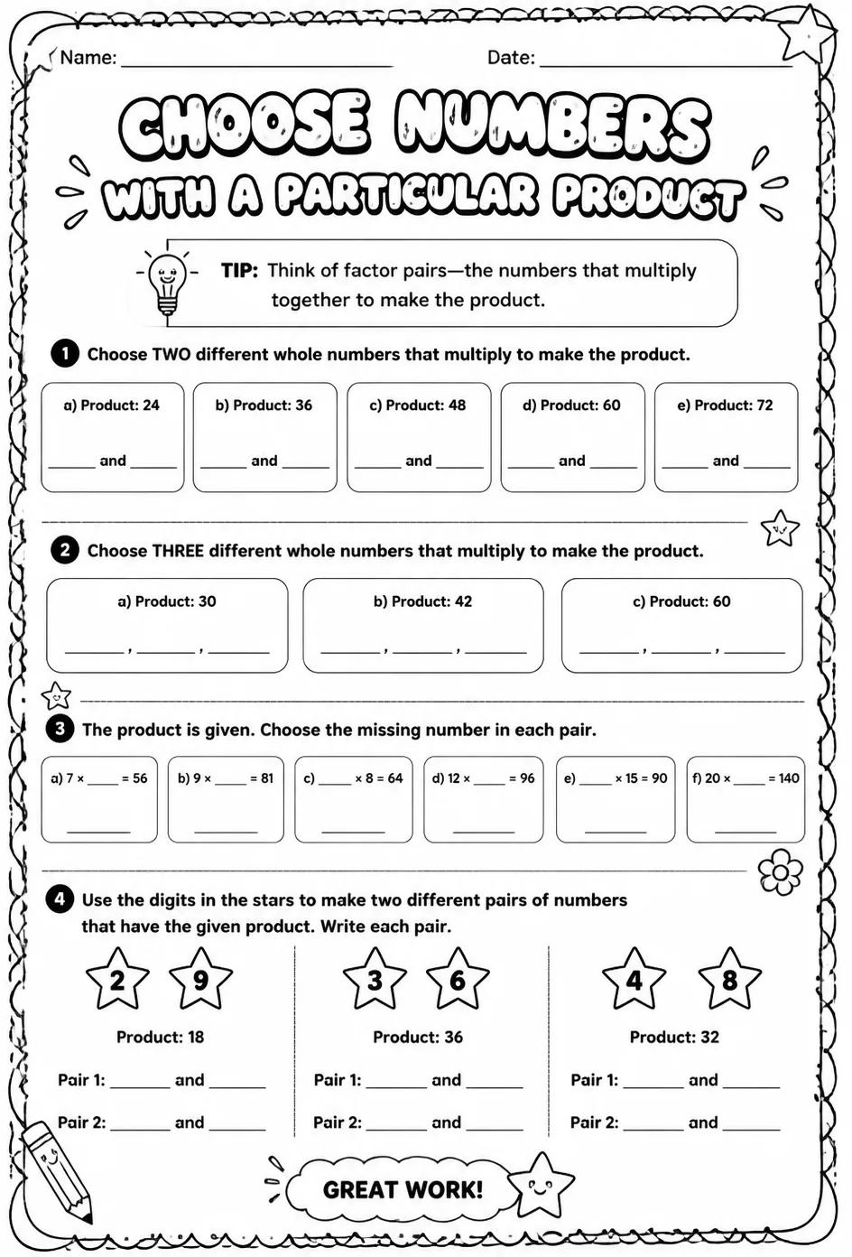 Choose numbers with a particular product — free printable Grade 4 math worksheet