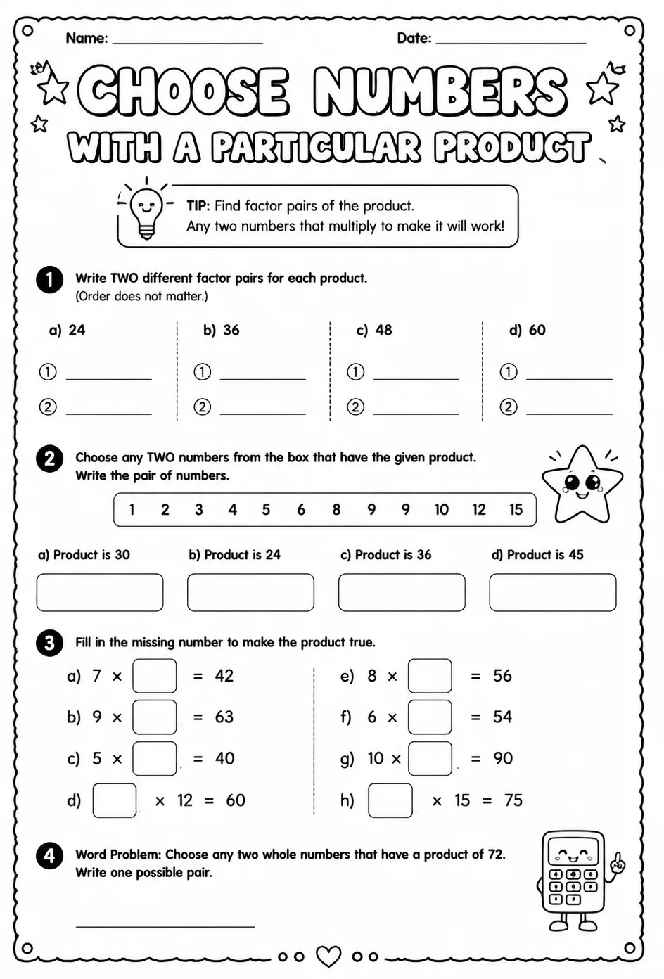Choose numbers with a particular product — free printable Grade 5 math worksheet
