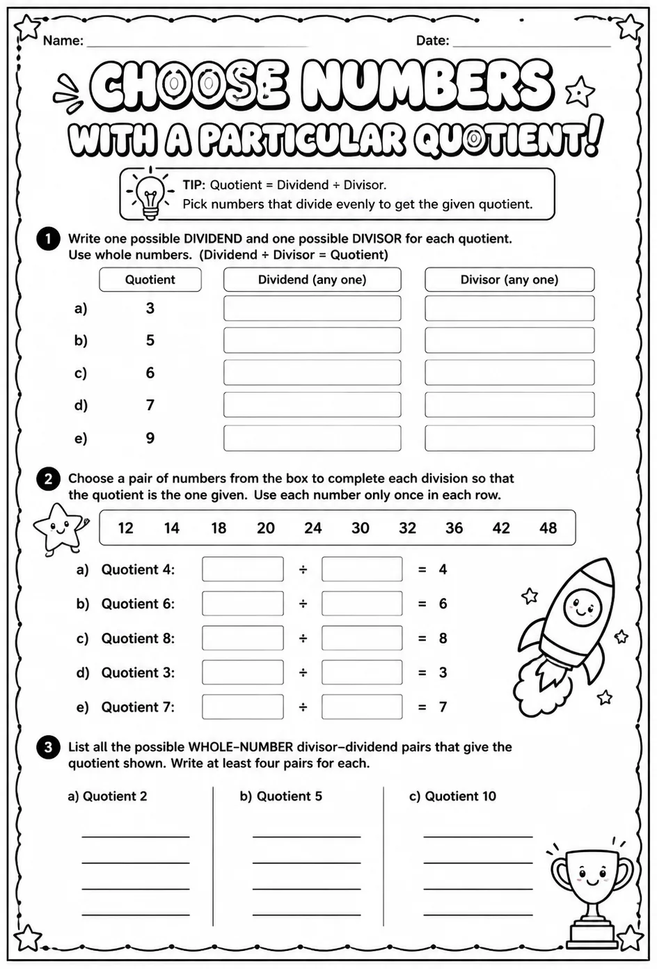 Choose numbers with a particular quotient — free printable Grade 4 math worksheet