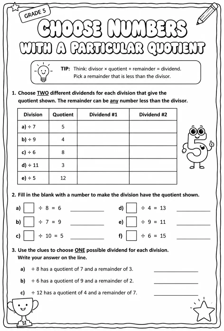 Choose numbers with a particular quotient — free printable Grade 5 math worksheet