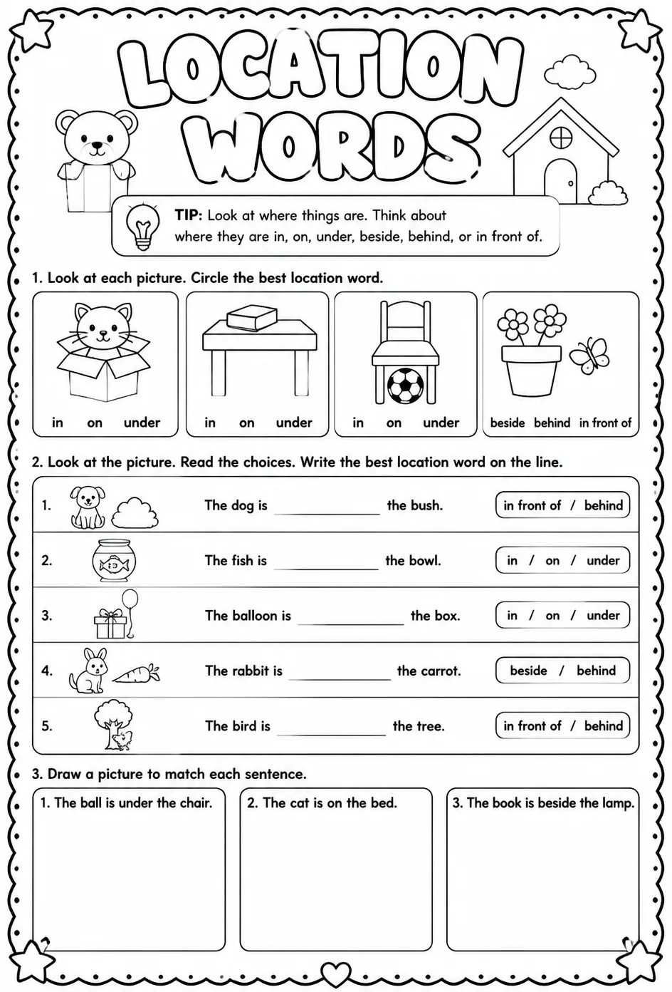 Choose the best location word to match the picture — free printable Kindergarten English & Reading worksheet