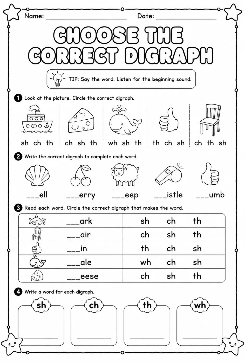 Choose the correct digraph — free printable Reading foundations English worksheet