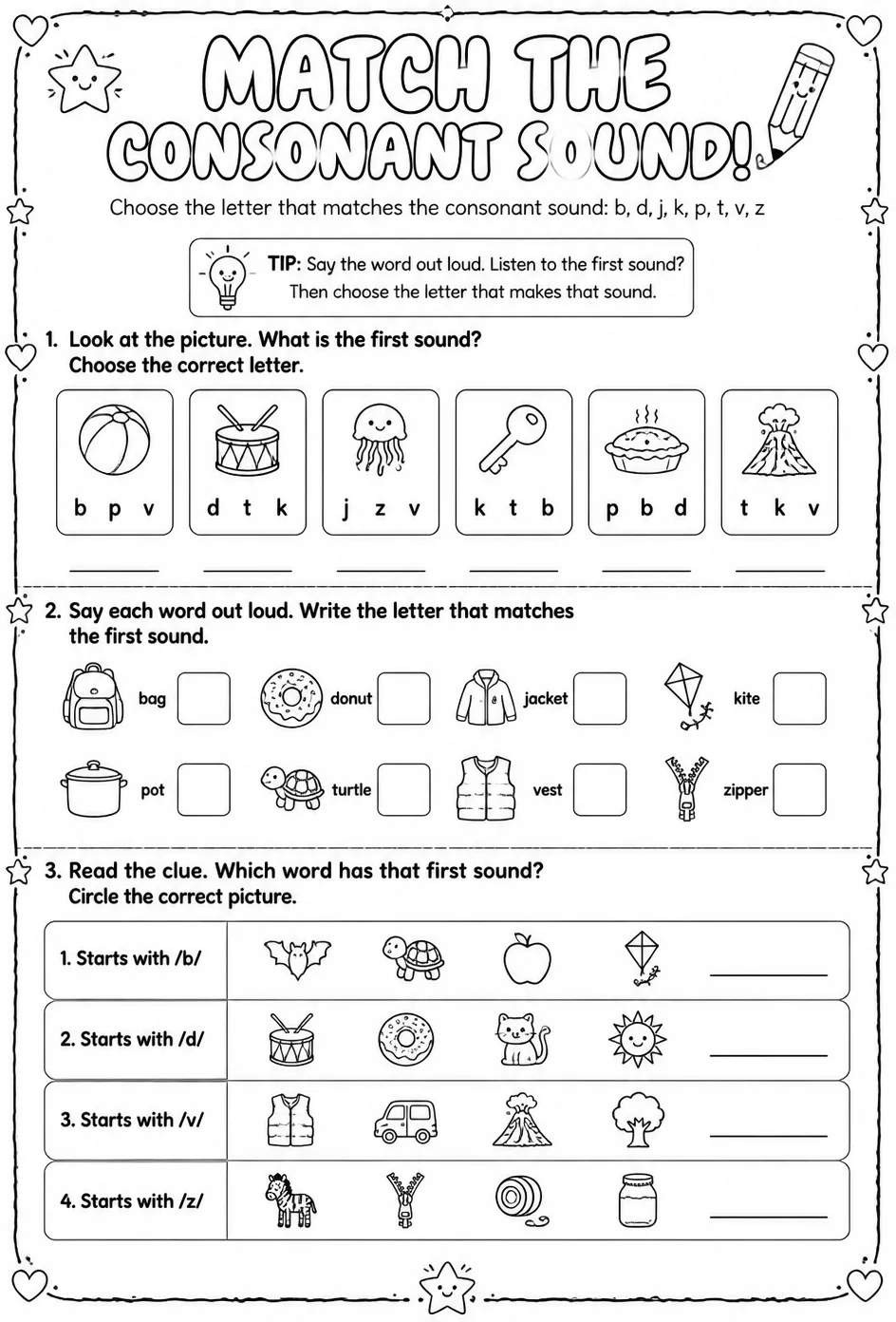 Choose the letter that matches the consonant sound: b, d, j, k, p, t, v, z — free printable Reading foundations English worksheet